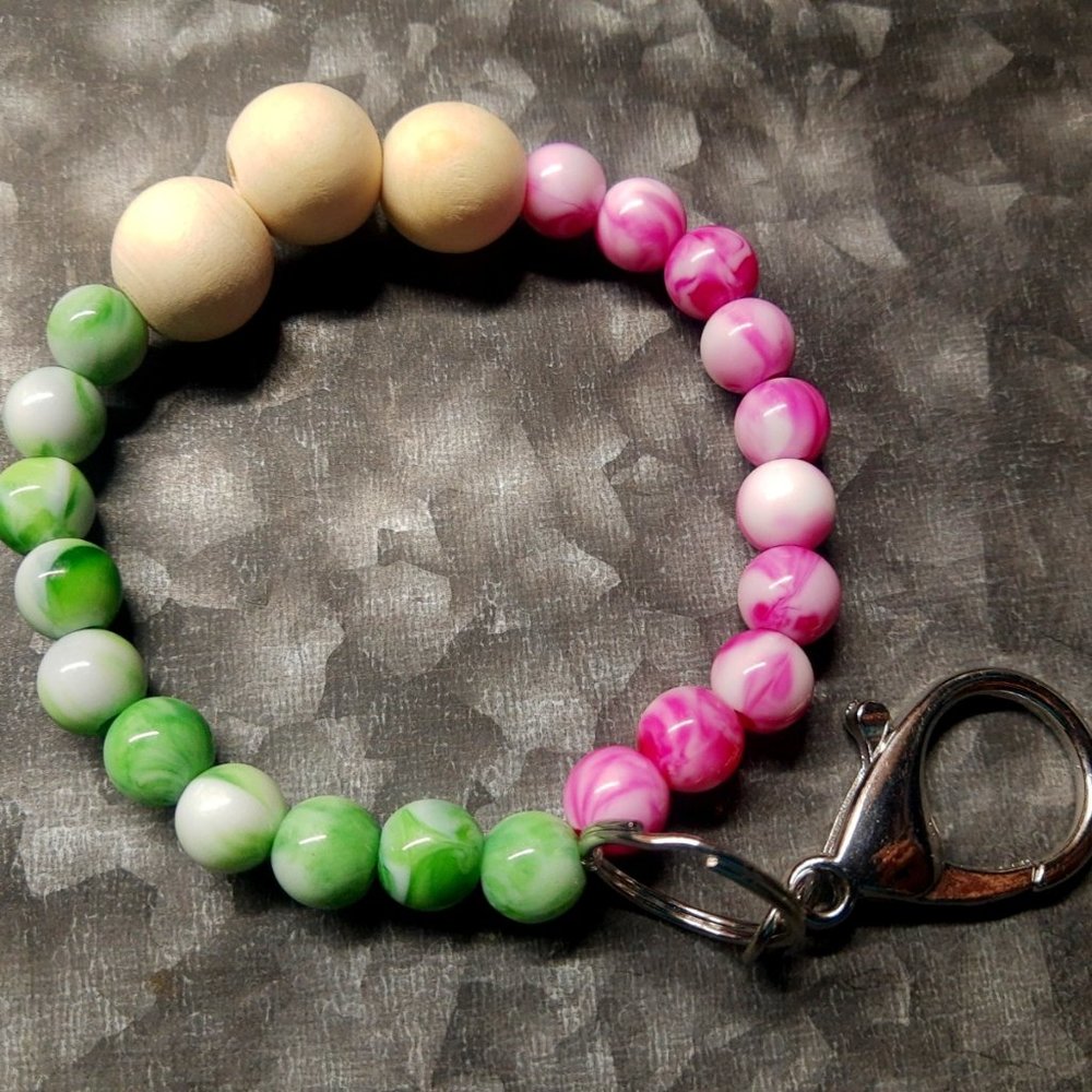Wristlet Keychain, Wood and Marbel Beads, Handcrafted